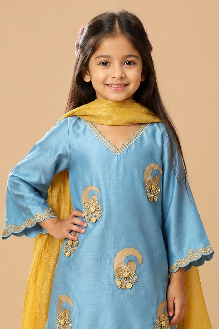 Firozi Blue Summer Silk Golden Hand Painted Kurta Set For Girls by Arpita Sulakshana Kids at Pernia's Pop Up Shop