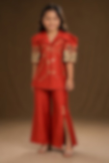 Burnt Orange Summer Silk Bow Embroidered Co-Ord Set For Girls by Arpita Sulakshana Kids at Pernia's Pop Up Shop