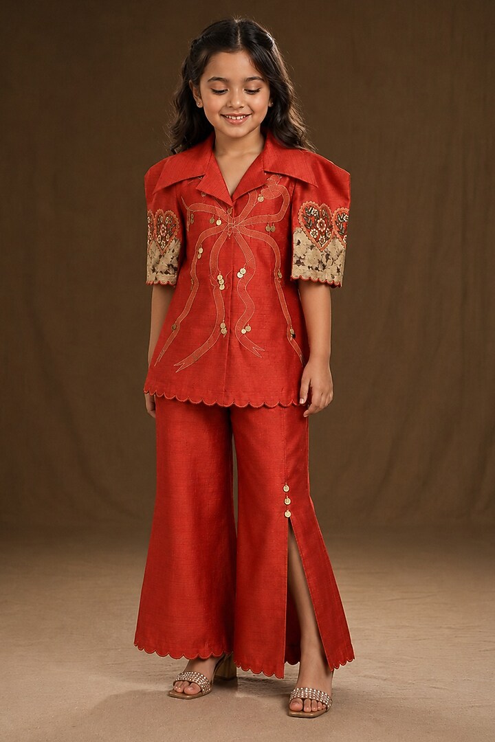 Burnt Orange Summer Silk Bow Embroidered Co-Ord Set For Girls by Arpita Sulakshana Kids at Pernia's Pop Up Shop