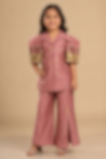 Blush Pink Summer Silk Bow Embroidered Co-Ord Set For Girls by Arpita Sulakshana Kids at Pernia's Pop Up Shop