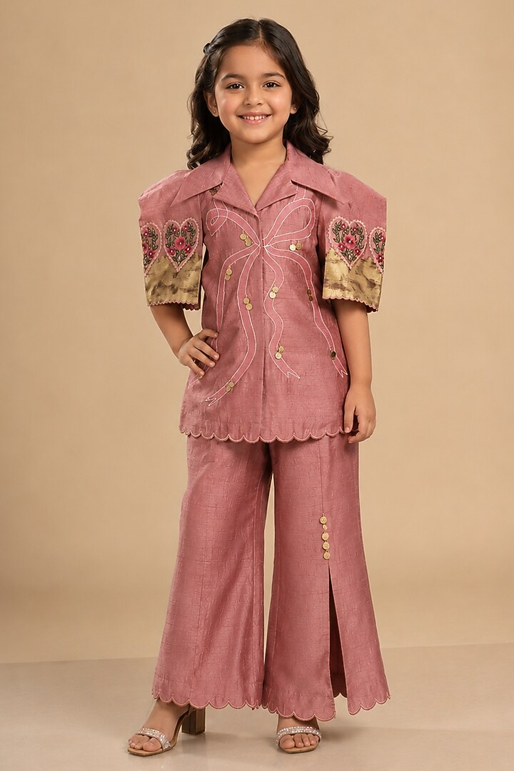 Blush Pink Summer Silk Bow Embroidered Co-Ord Set For Girls by Arpita Sulakshana Kids at Pernia's Pop Up Shop