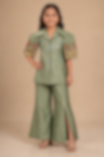 Olive Green Summer Silk Bow Embroidered Co-Ord Set For Girls by Arpita Sulakshana Kids at Pernia's Pop Up Shop