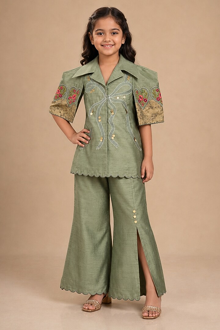 Olive Green Summer Silk Bow Embroidered Co-Ord Set For Girls by Arpita Sulakshana Kids at Pernia's Pop Up Shop