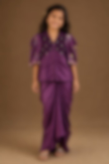 Purple Summer Silk Hand Painted & Embroidered Draped Skirt Set For Girls by Arpita Sulakshana Kids at Pernia's Pop Up Shop