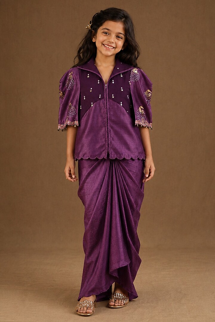 Purple Summer Silk Hand Painted & Embroidered Draped Skirt Set For Girls by Arpita Sulakshana Kids at Pernia's Pop Up Shop
