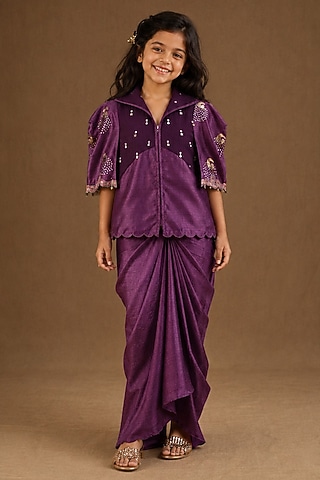 Purple Summer Silk Hand Painted & Embroidered Draped Skirt Set For Girls by Arpita Sulakshana Kids
