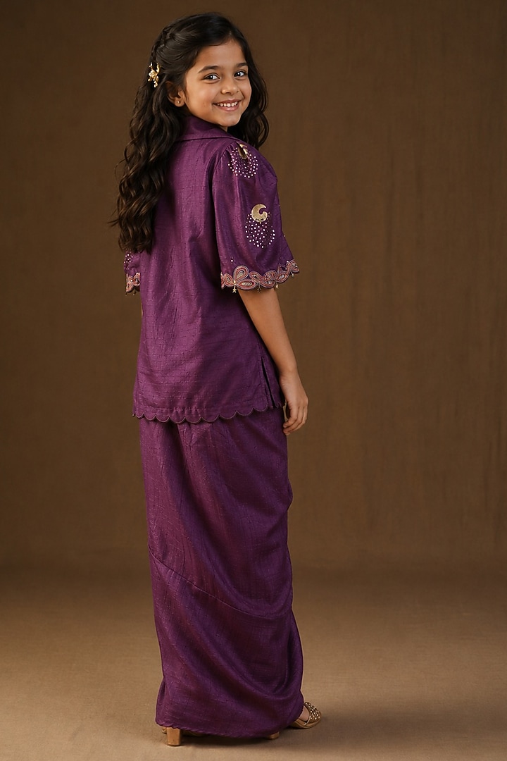 Purple Summer Silk Hand Painted & Embroidered Draped Skirt Set For Girls by Arpita Sulakshana Kids at Pernia's Pop Up Shop