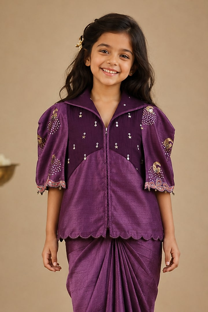 Purple Summer Silk Hand Painted & Embroidered Draped Skirt Set For Girls by Arpita Sulakshana Kids at Pernia's Pop Up Shop