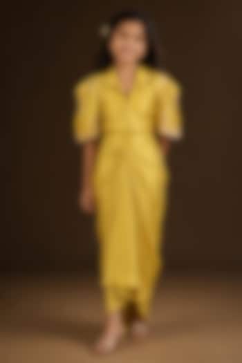 Yellow Summer Silk Hand Painted & Embroidered Draped Skirt Set For Girls by Arpita Sulakshana Kids at Pernia's Pop Up Shop
