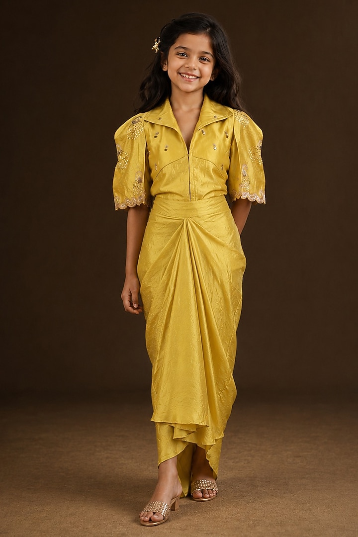 Yellow Summer Silk Hand Painted & Embroidered Draped Skirt Set For Girls by Arpita Sulakshana Kids at Pernia's Pop Up Shop