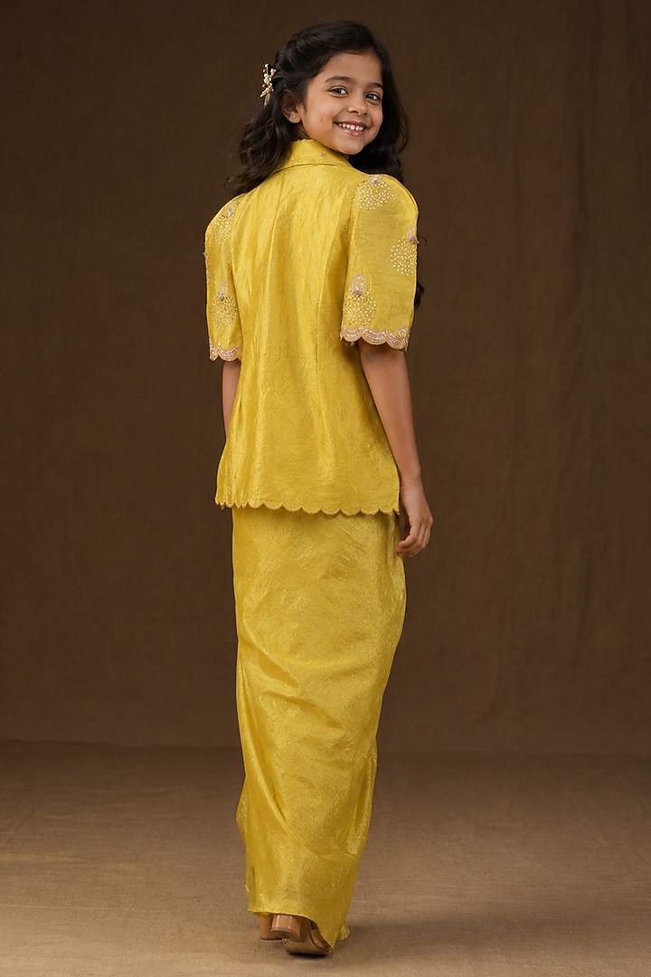 Yellow Summer Silk Hand Painted & Embroidered Draped Skirt Set For Girls by Arpita Sulakshana Kids at Pernia's Pop Up Shop