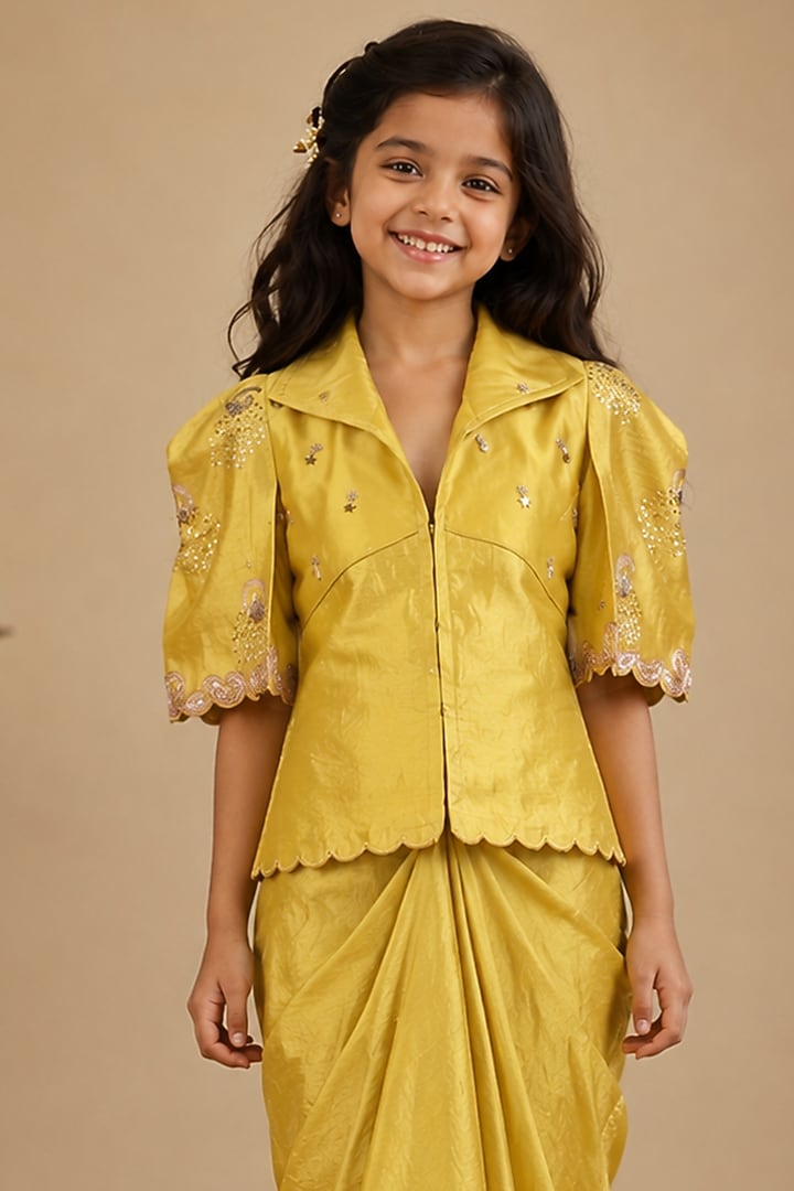Yellow Summer Silk Hand Painted & Embroidered Draped Skirt Set For Girls by Arpita Sulakshana Kids at Pernia's Pop Up Shop