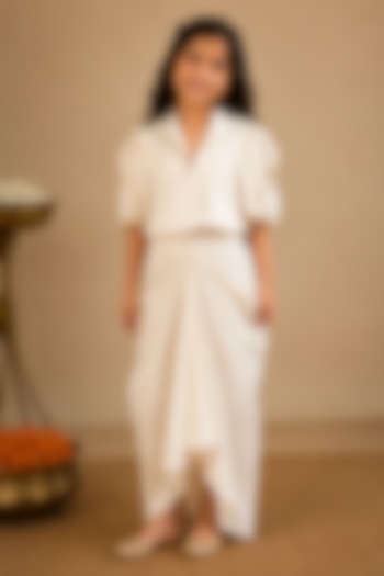 Ivory Summer Silk Hand Painted & Embroidered Draped Skirt Set For Girls by Arpita Sulakshana Kids at Pernia's Pop Up Shop