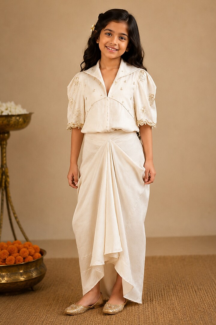 Ivory Summer Silk Hand Painted & Embroidered Draped Skirt Set For Girls by Arpita Sulakshana Kids at Pernia's Pop Up Shop