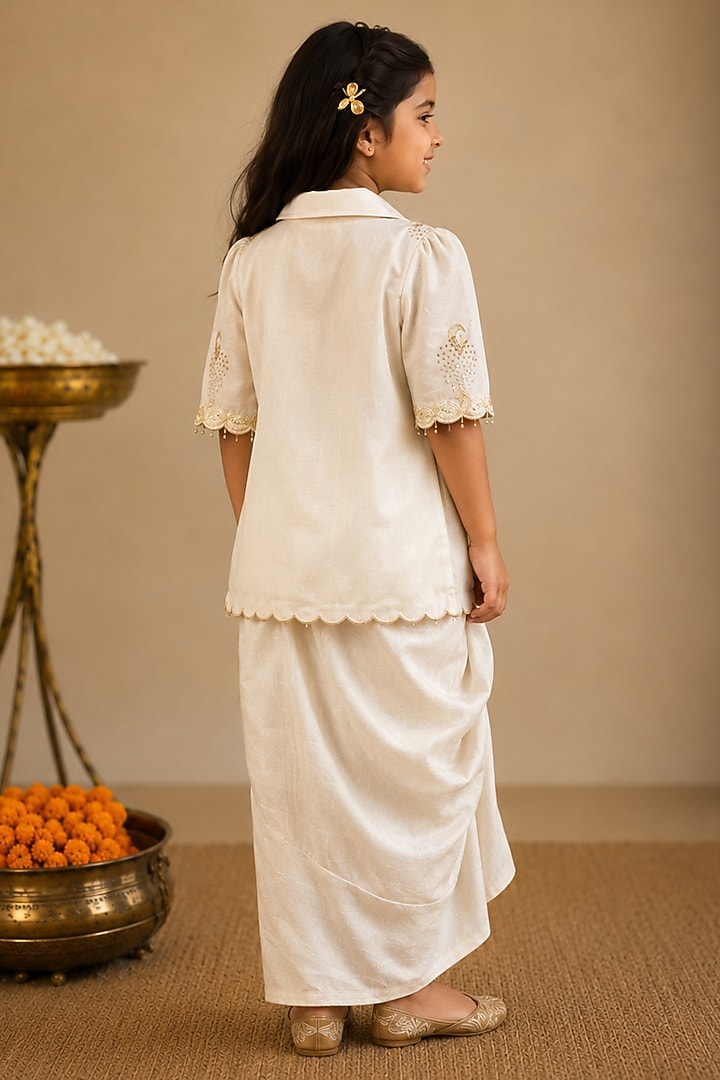 Ivory Summer Silk Hand Painted & Embroidered Draped Skirt Set For Girls by Arpita Sulakshana Kids at Pernia's Pop Up Shop
