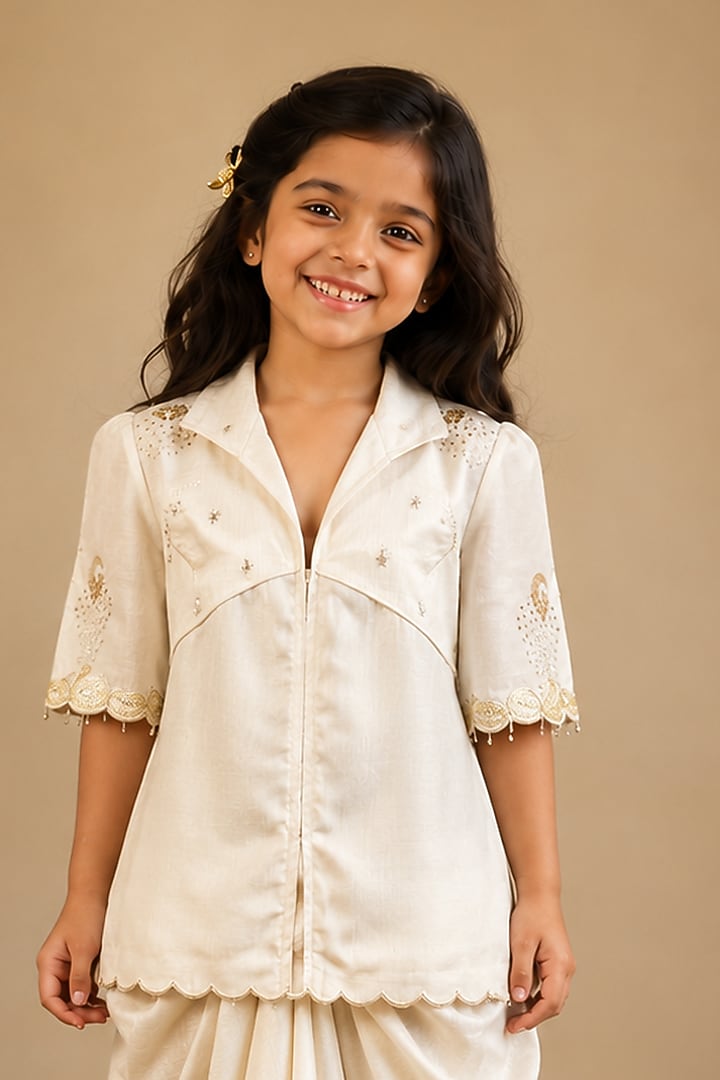 Ivory Summer Silk Hand Painted & Embroidered Draped Skirt Set For Girls by Arpita Sulakshana Kids at Pernia's Pop Up Shop