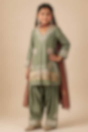 Pista Green Summer Silk Gota Patti Embroidered Choga Kurta Set For Girls by Arpita Sulakshana Kids at Pernia's Pop Up Shop