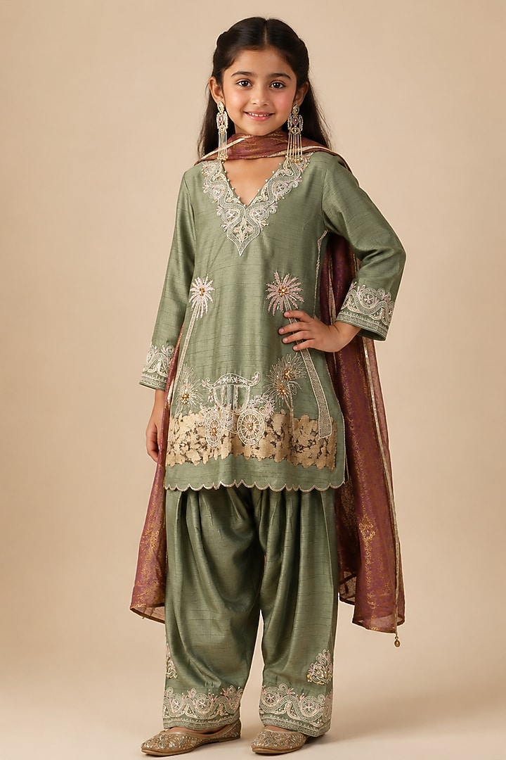 Pista Green Summer Silk Gota Patti Embroidered Choga Kurta Set For Girls by Arpita Sulakshana Kids at Pernia's Pop Up Shop