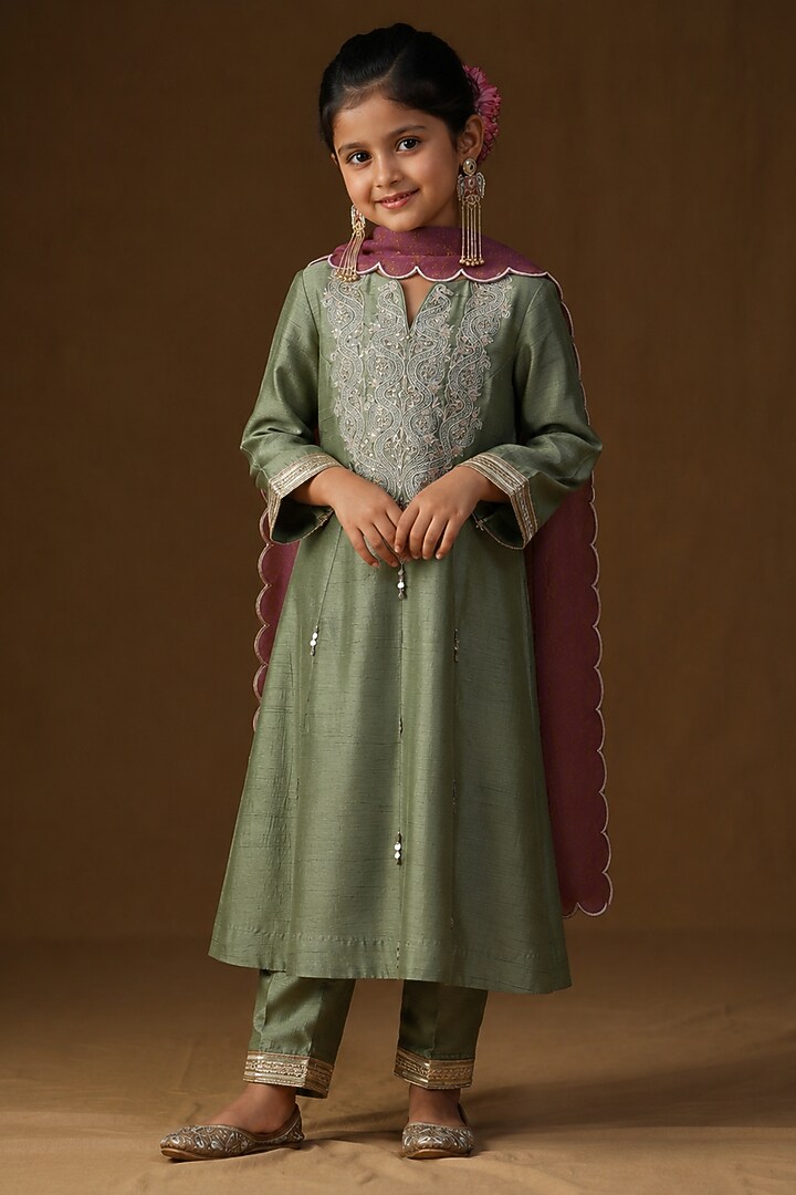 Pista Green Summer Silk Dori Embroidered A-Line Kurta Set For Girls by Arpita Sulakshana Kids at Pernia's Pop Up Shop