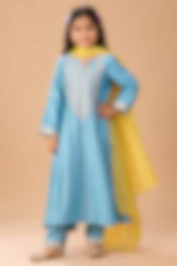 Firozi Summer Silk Embroidered A-Line Kurta Set For Girls by Arpita Sulakshana Kids at Pernia's Pop Up Shop