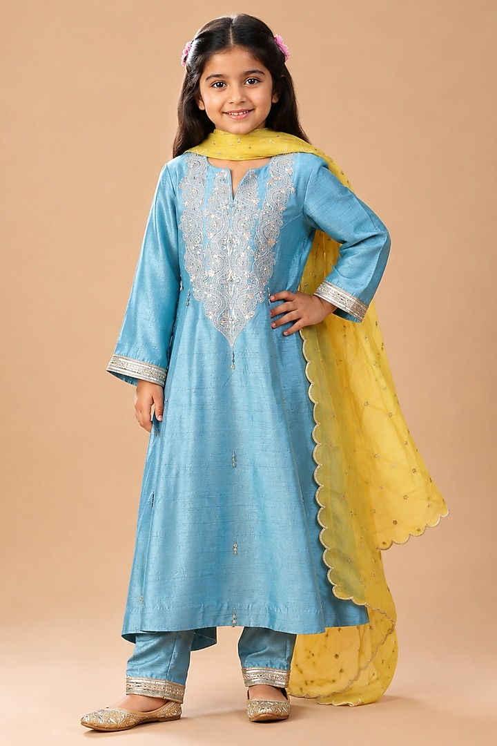 Firozi Summer Silk Embroidered A-Line Kurta Set For Girls by Arpita Sulakshana Kids at Pernia's Pop Up Shop