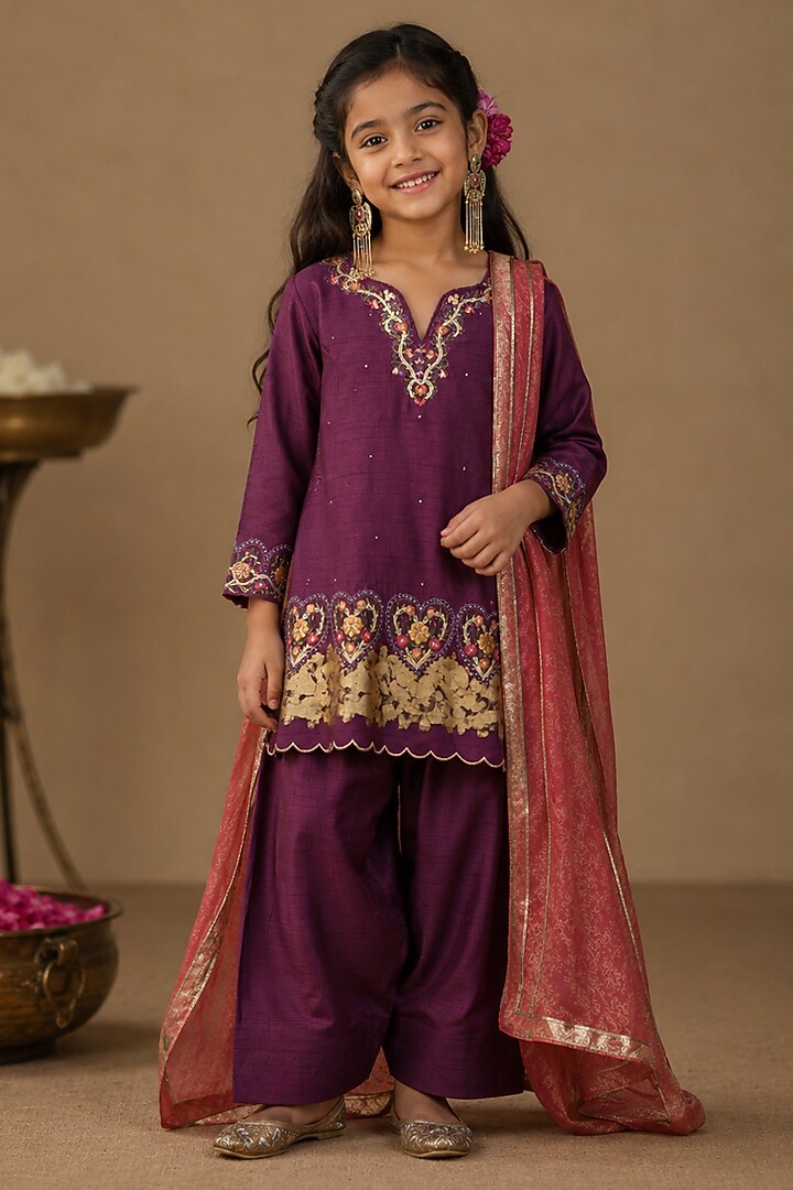 Purple Summer Silk Embroidered A-Line Kurta Set For Girls by Arpita Sulakshana Kids at Pernia's Pop Up Shop