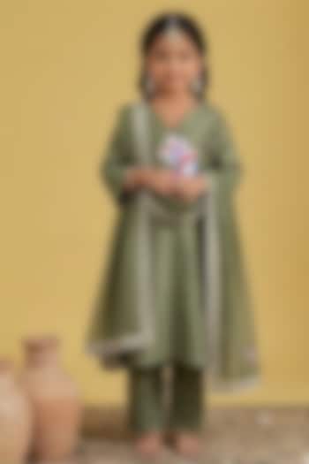 Pista Green Summer Silk Floral Hand Painted A-Line Kurta Set For Girls by Arpita Sulakshana Kids at Pernia's Pop Up Shop