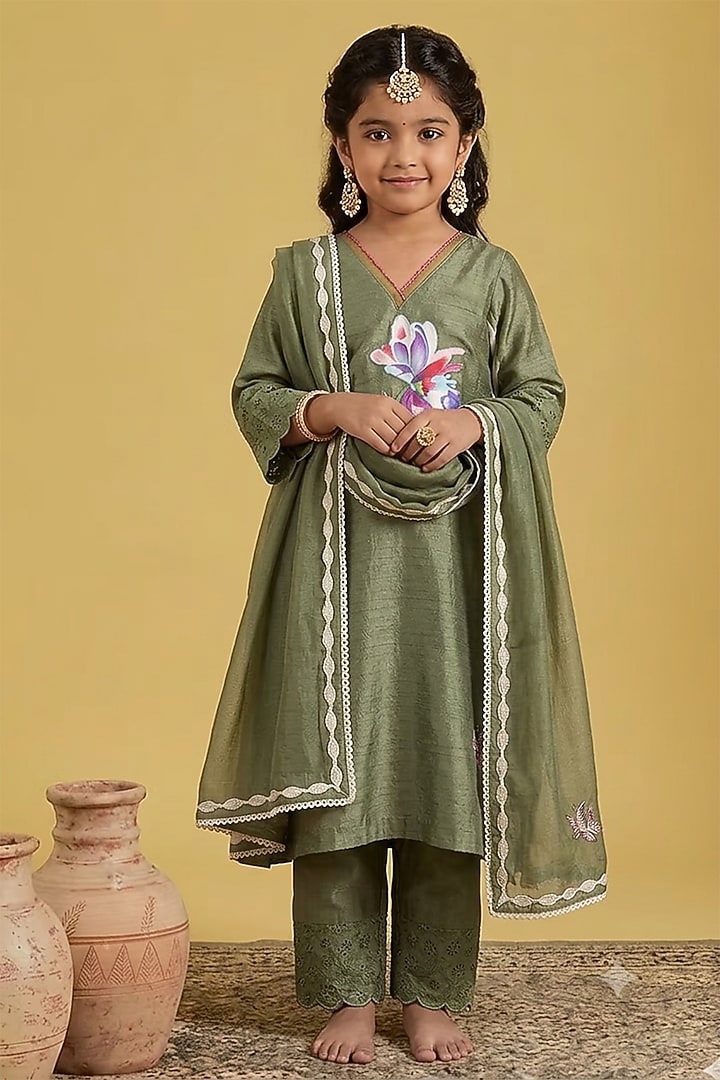 Pista Green Summer Silk Floral Hand Painted A-Line Kurta Set For Girls by Arpita Sulakshana Kids at Pernia's Pop Up Shop