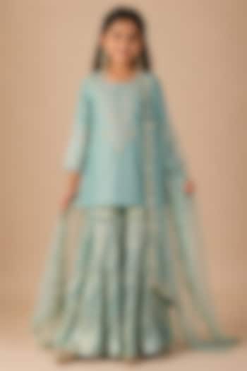 Aqua Blue Summer Silk Resham Embroidered Sharara Set For Girls by Arpita Sulakshana Kids at Pernia's Pop Up Shop