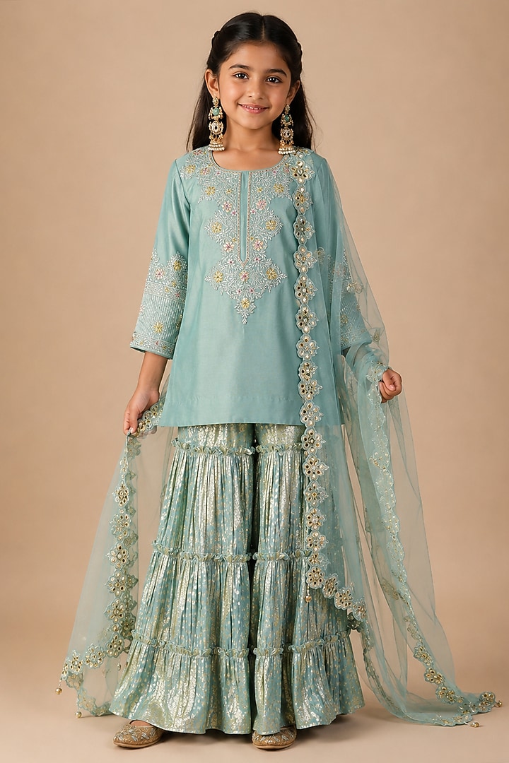 Aqua Blue Summer Silk Resham Embroidered Sharara Set For Girls by Arpita Sulakshana Kids at Pernia's Pop Up Shop