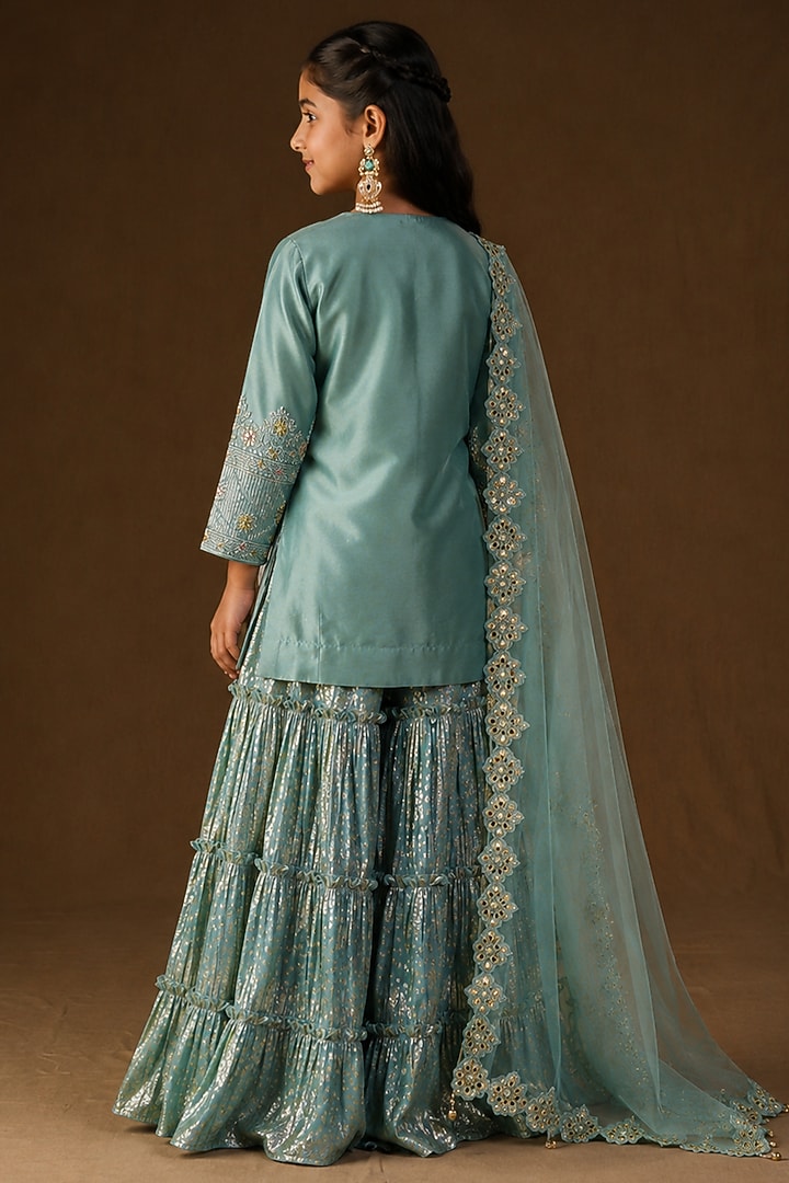 Aqua Blue Summer Silk Resham Embroidered Sharara Set For Girls by Arpita Sulakshana Kids at Pernia's Pop Up Shop