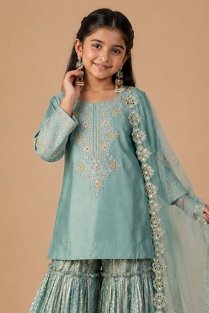 Aqua Blue Summer Silk Resham Embroidered Sharara Set For Girls by Arpita Sulakshana Kids at Pernia's Pop Up Shop