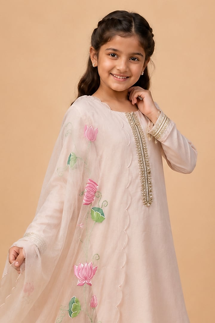 Baby Pink Summer Silk Resham Embroidered Kurta Set For Girls by Arpita Sulakshana Kids at Pernia's Pop Up Shop
