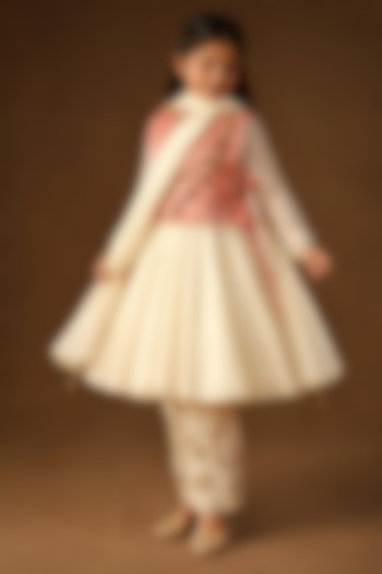 Ivory & Blush Pink Summer Silk Resham Embroidered Anarkali Set For Girls by Arpita Sulakshana Kids at Pernia's Pop Up Shop
