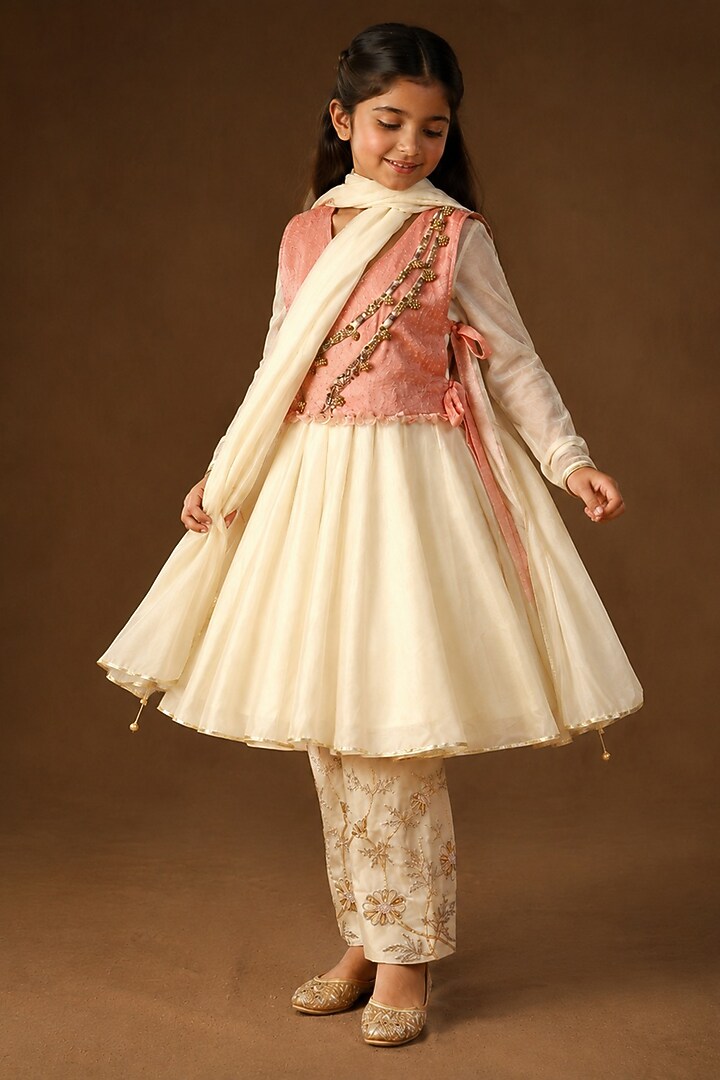 Ivory & Blush Pink Summer Silk Resham Embroidered Anarkali Set For Girls by Arpita Sulakshana Kids at Pernia's Pop Up Shop