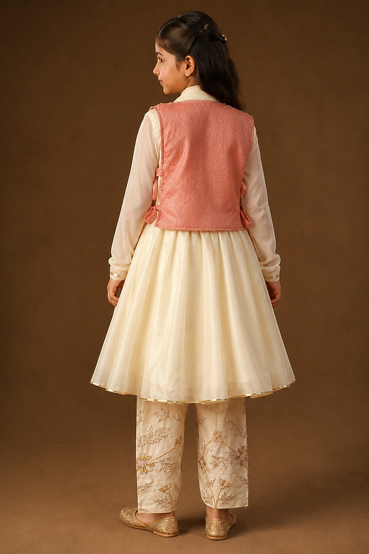 Ivory & Blush Pink Summer Silk Resham Embroidered Anarkali Set For Girls by Arpita Sulakshana Kids at Pernia's Pop Up Shop