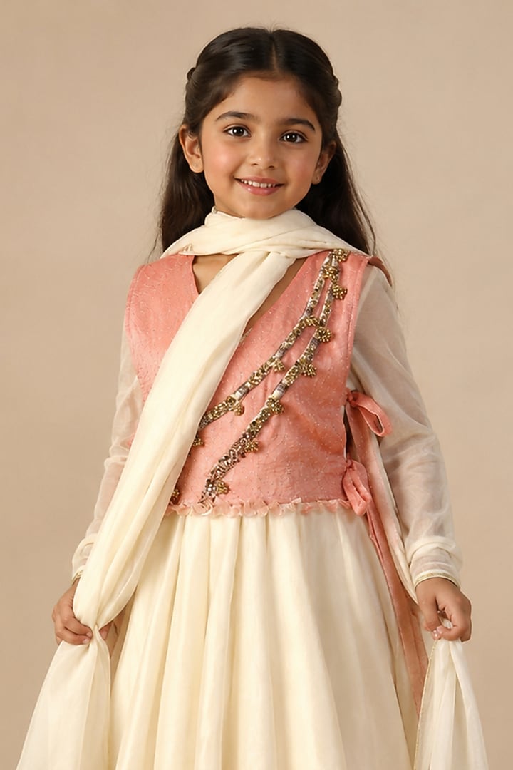 Ivory & Blush Pink Summer Silk Resham Embroidered Anarkali Set For Girls by Arpita Sulakshana Kids at Pernia's Pop Up Shop