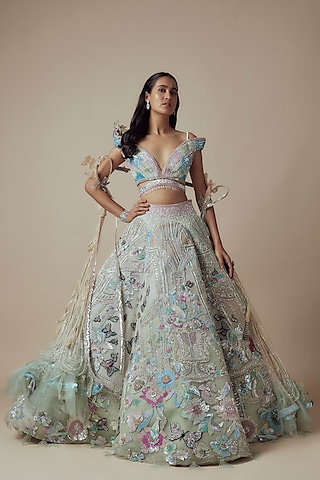 Ivory Shimmer & Net Sequin Embellished Lehenga Set by Sulakshana Monga Couture