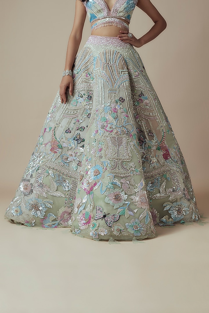 Ivory Shimmer & Net Sequin Embellished Bridal Lehenga Set by Sulakshana Monga Couture at Pernia's Pop Up Shop
