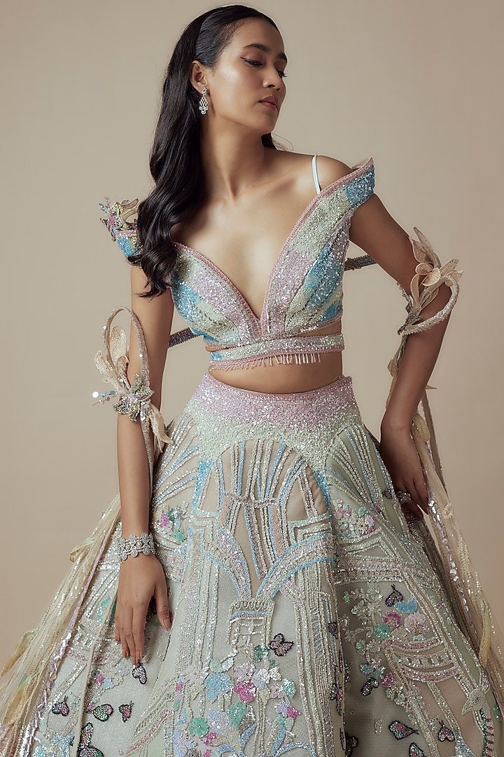 Ivory Shimmer & Net Sequin Embellished Bridal Lehenga Set by Sulakshana Monga Couture at Pernia's Pop Up Shop