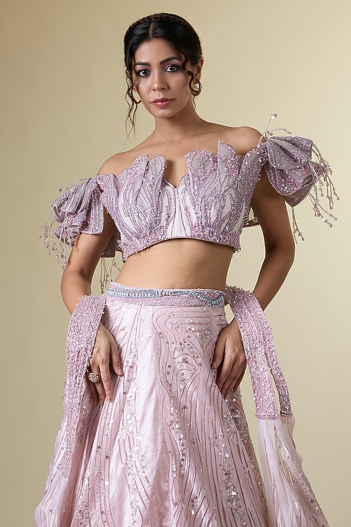 Purple Assam Silk Sequins & Crystal Embroidered Bridal Lehenga Srt by Sulakshana Monga Couture at Pernia's Pop Up Shop