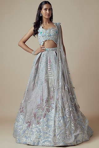 Ivory Net Embellished Lehenga Set by Sulakshana Monga Couture