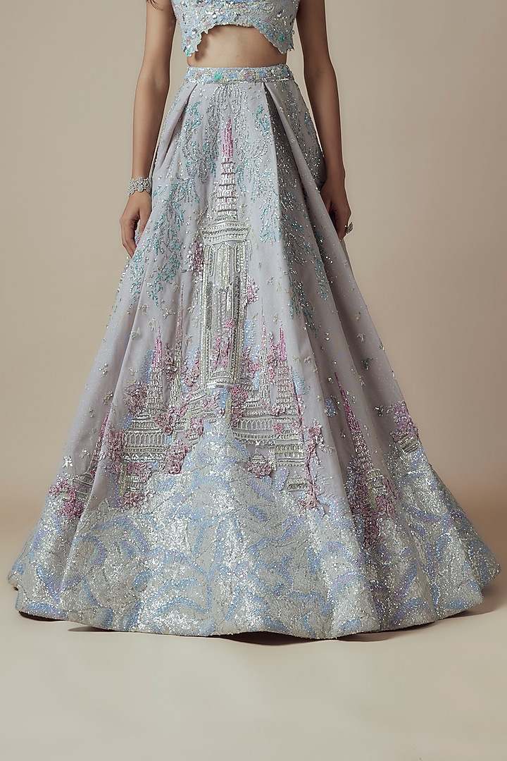 Ivory Net Embellished Bridal Lehenga Set by Sulakshana Monga Couture at Pernia's Pop Up Shop