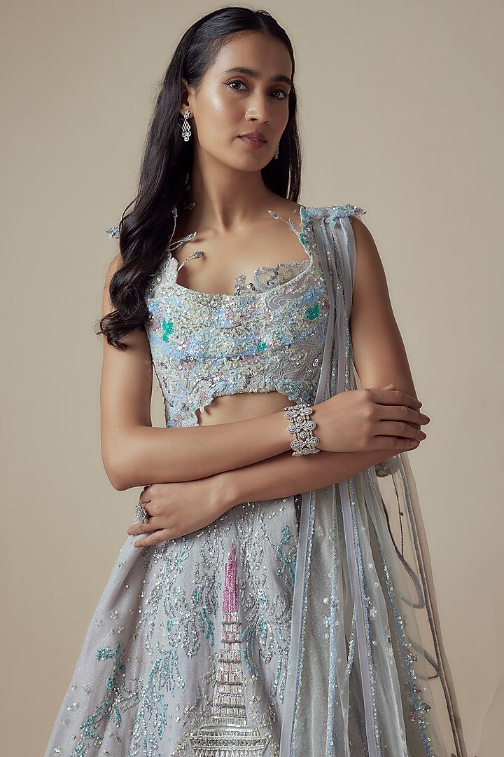 Ivory Net Embellished Bridal Lehenga Set by Sulakshana Monga Couture at Pernia's Pop Up Shop