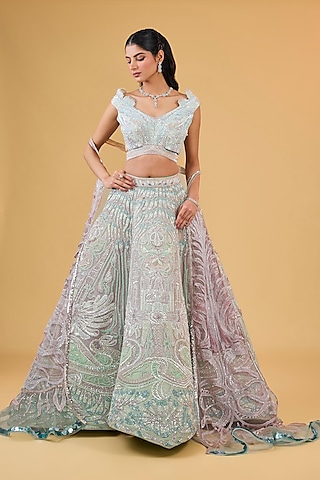 Blue Net Hand Embroidered Lehenga Set by Sulakshana Monga Couture