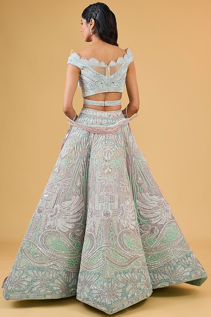 Blue Net Hand Embroidered Bridal Lehenga Set by Sulakshana Monga Couture at Pernia's Pop Up Shop