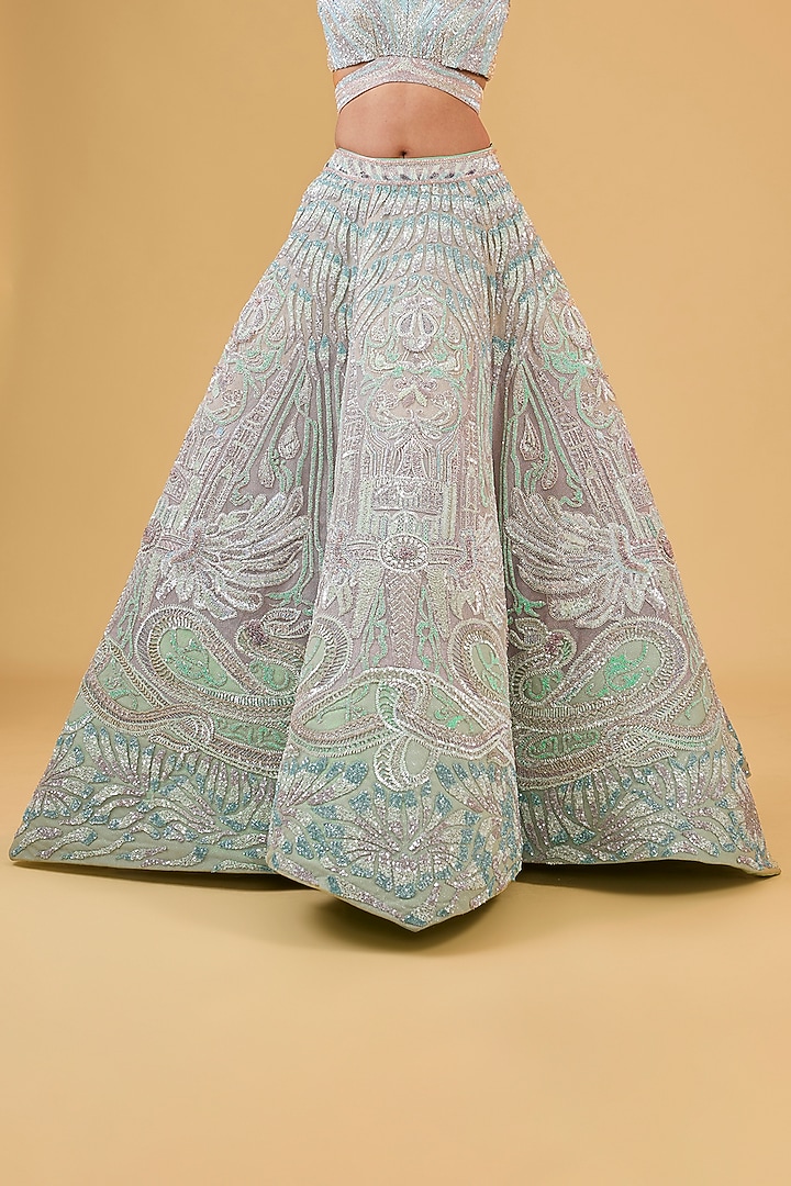 Blue Net Hand Embroidered Bridal Lehenga Set by Sulakshana Monga Couture at Pernia's Pop Up Shop