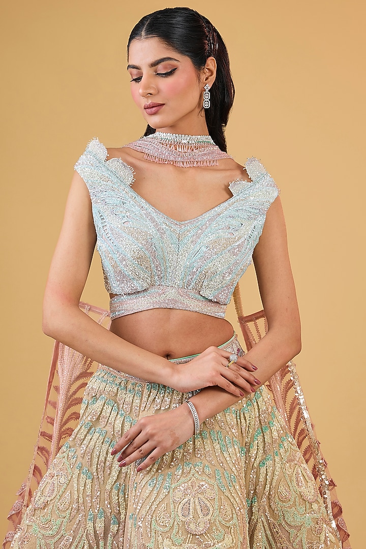 Blue Net Hand Embroidered Bridal Lehenga Set by Sulakshana Monga Couture at Pernia's Pop Up Shop