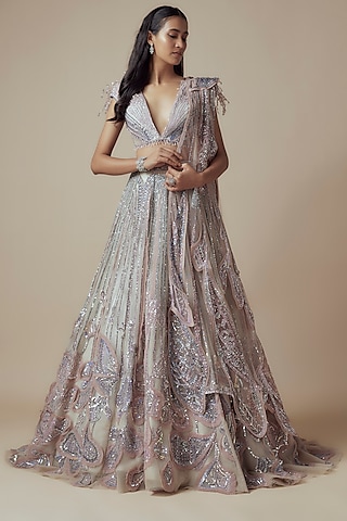 Lilac Net Embellished Lehenga Set by Sulakshana Monga Couture
