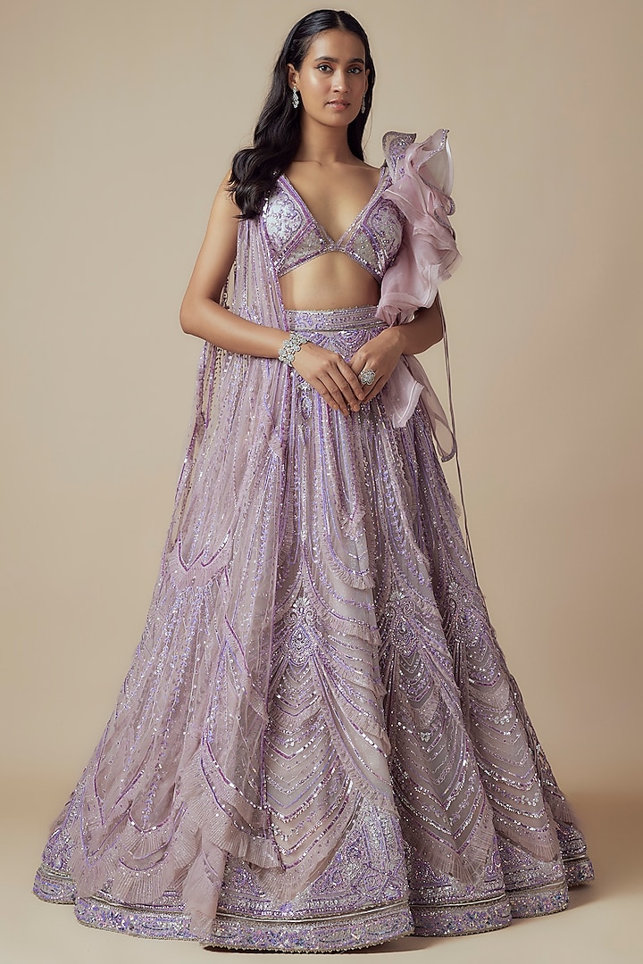 Lavender Net Embroidered Bridal Lehenga Set by Sulakshana Monga Couture at Pernia's Pop Up Shop